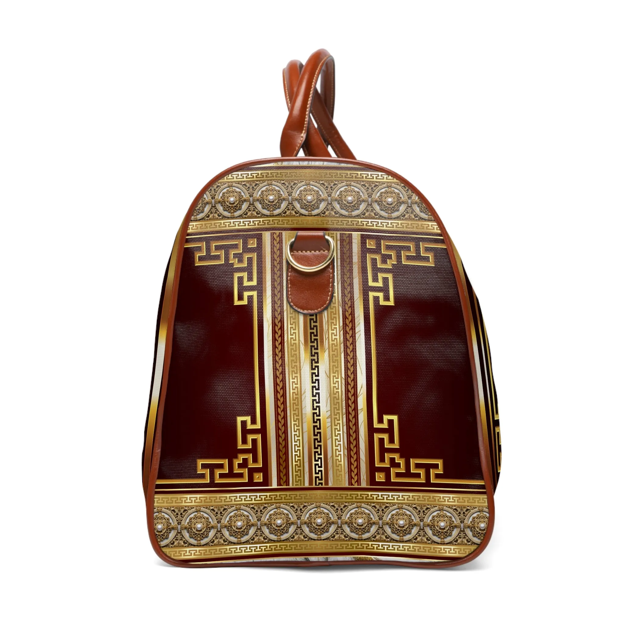 Maroon Gold Cream Large Greek Keys Waterproof Travel Bag