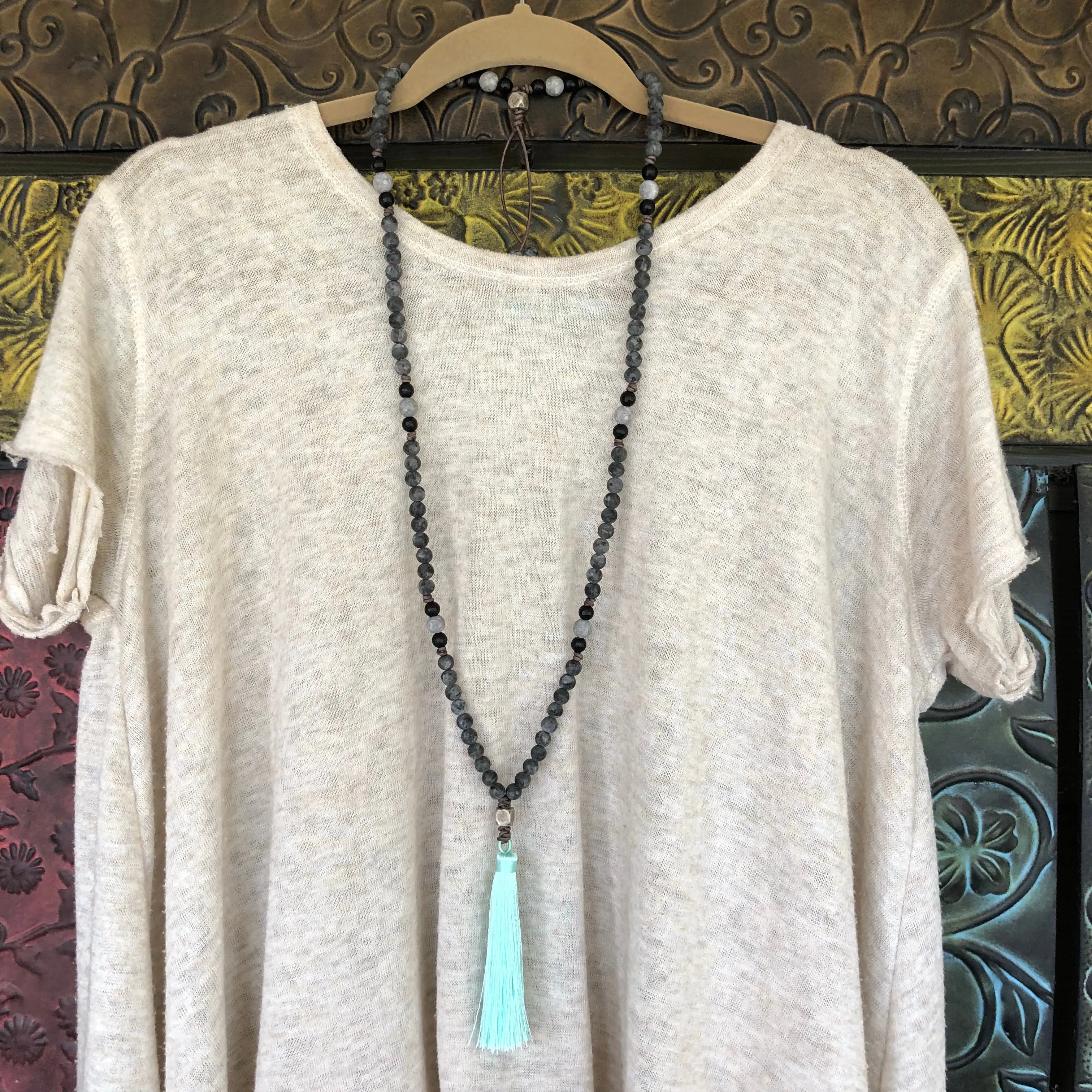 Matte Larvakite Labradorite Mala Necklace