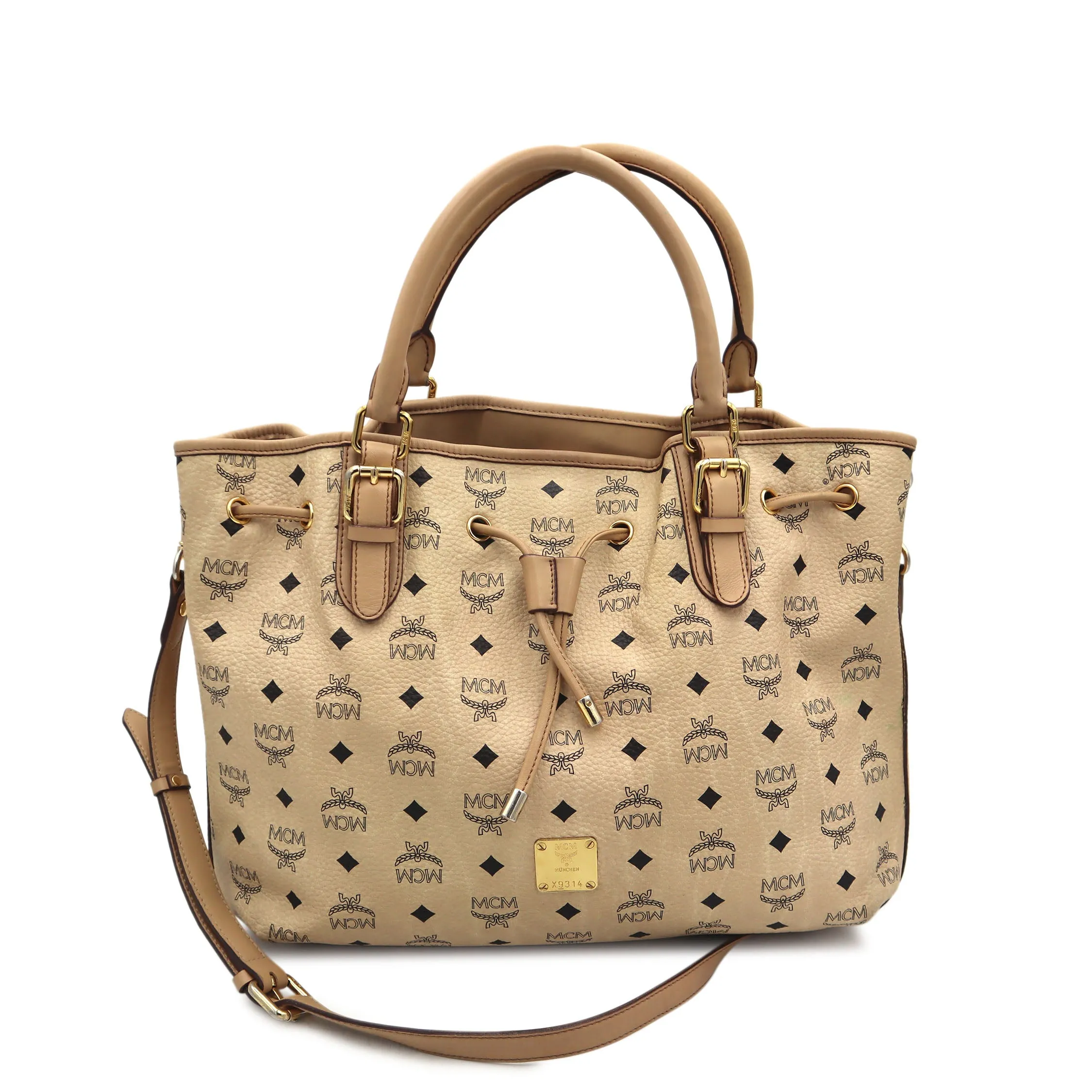 MCM Visetos Leather Drawstring Bucket Bag