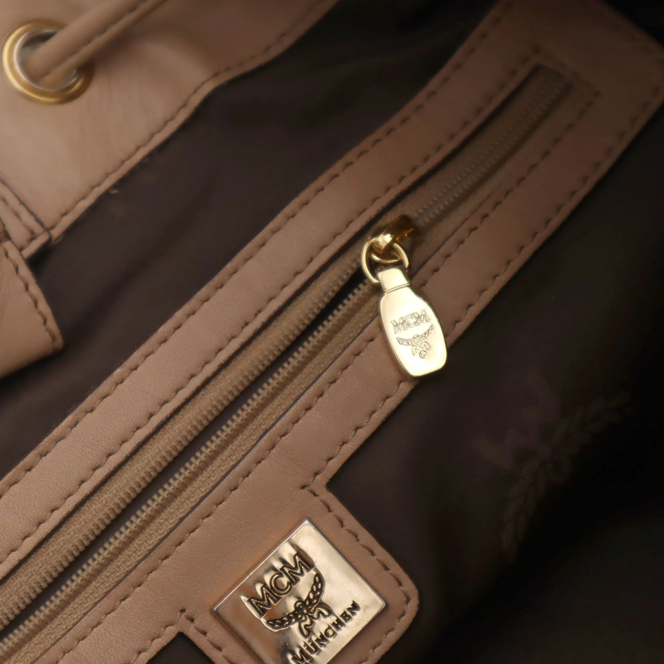 MCM Visetos Leather Drawstring Bucket Bag
