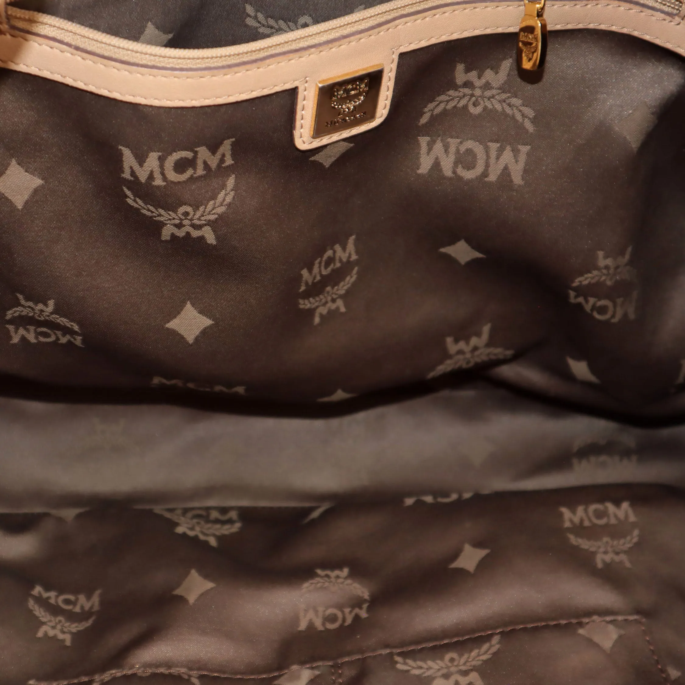 MCM Visetos Leather Drawstring Bucket Bag