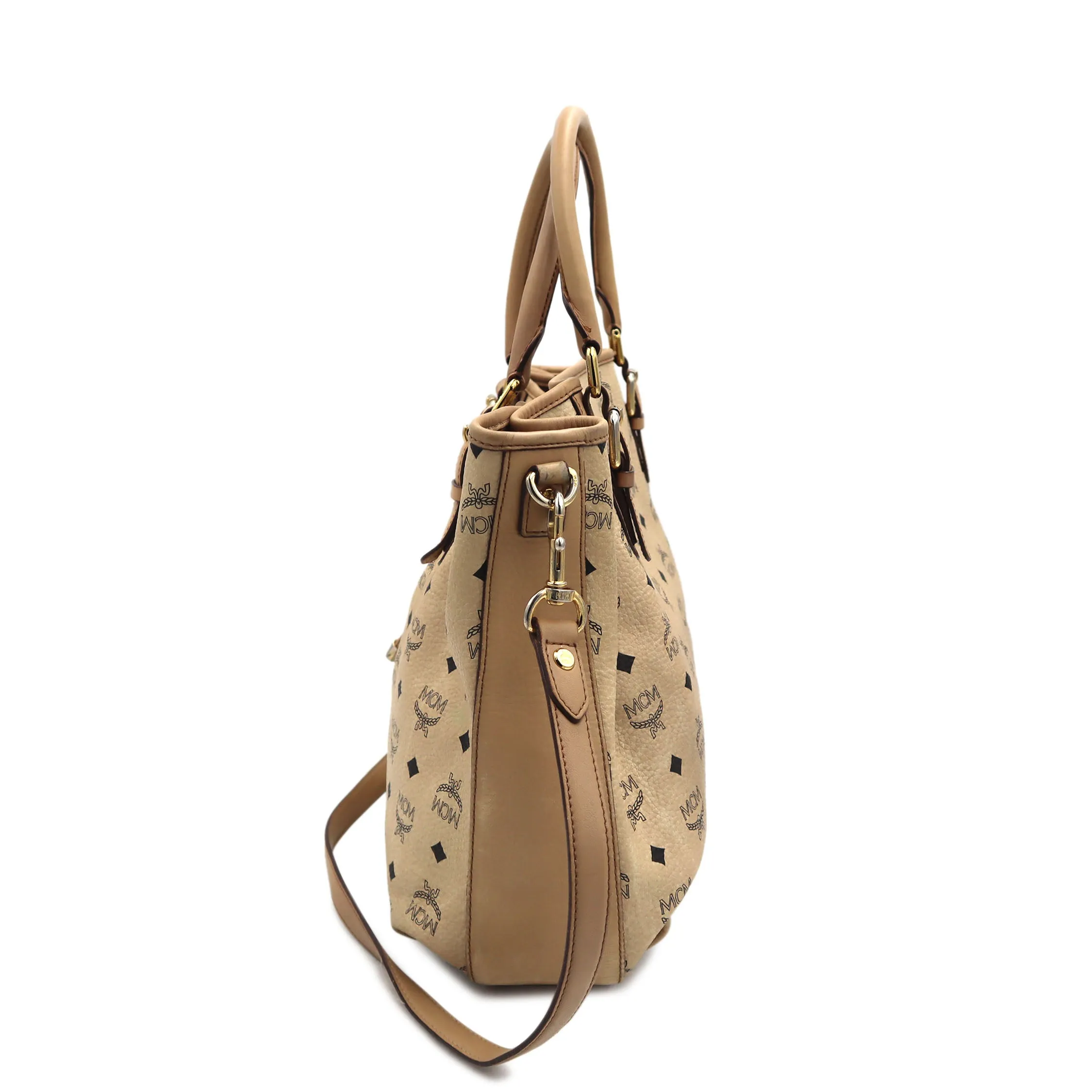 MCM Visetos Leather Drawstring Bucket Bag