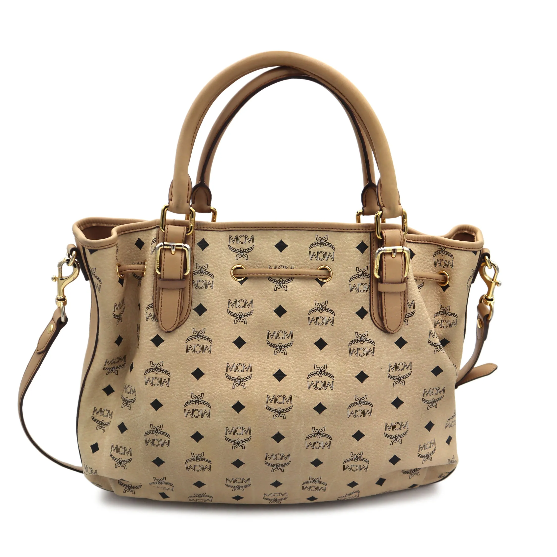 MCM Visetos Leather Drawstring Bucket Bag