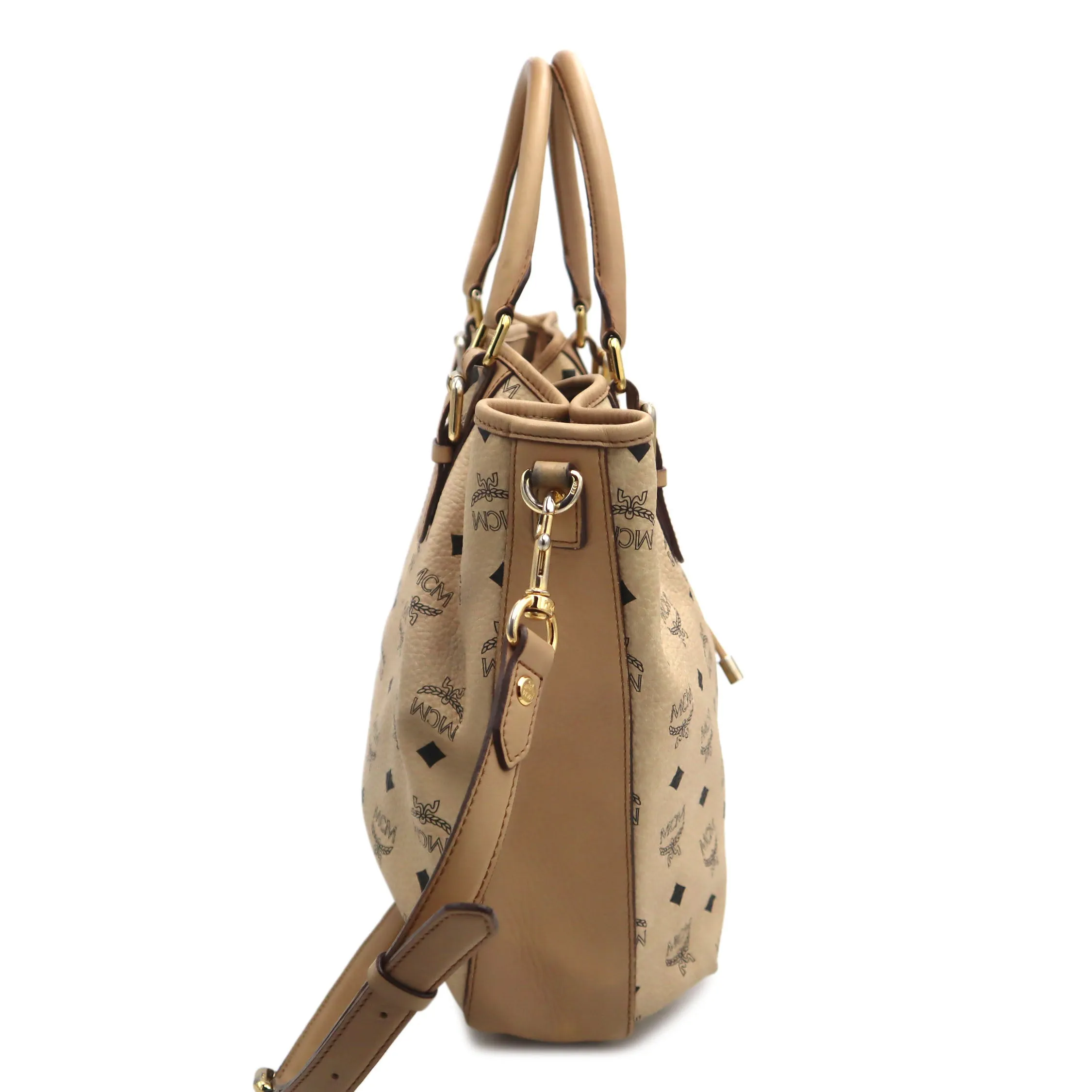 MCM Visetos Leather Drawstring Bucket Bag