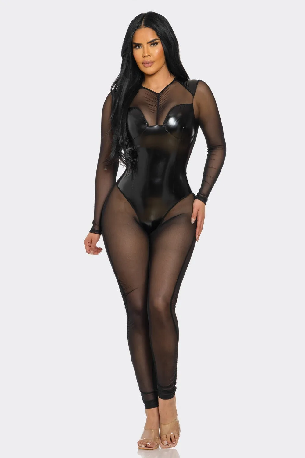 Mesh and PU Jumpsuit