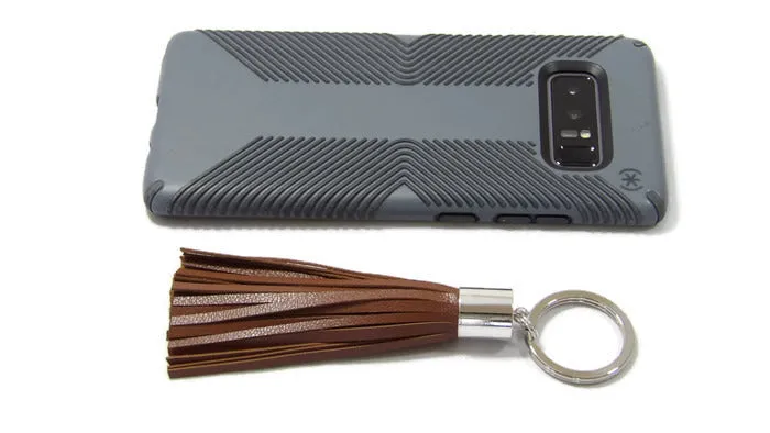 Mocha Brown Lambskin Leather Tassel Keychain with Rhodium Plated Brass Top Free Gift Wrap