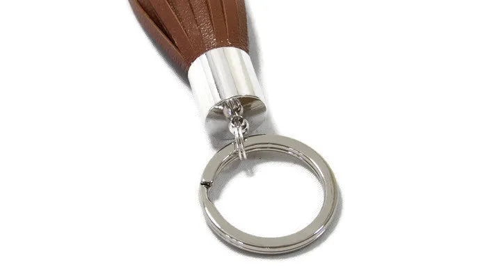 Mocha Brown Lambskin Leather Tassel Keychain with Rhodium Plated Brass Top Free Gift Wrap