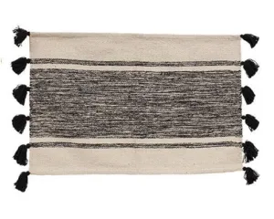 Modern black striped tassel accent rug