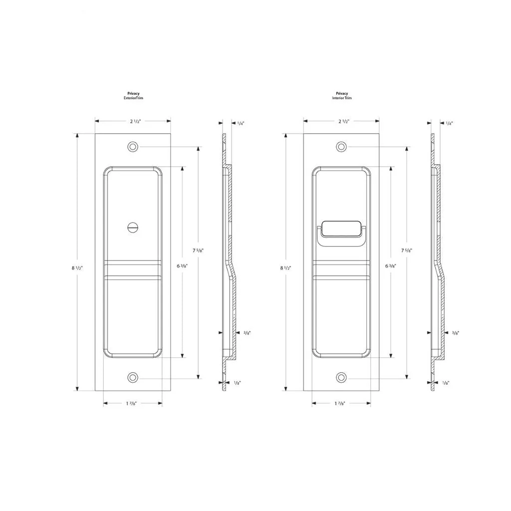 Modern Rectangular Privacy Mortise Pocket Door Lockset - Door Mount - 8" Brass/Flat Black