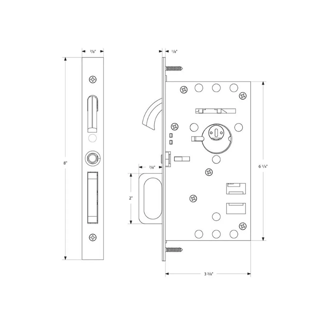 Modern Rectangular Privacy Mortise Pocket Door Lockset - Door Mount - 8" Brass/Flat Black
