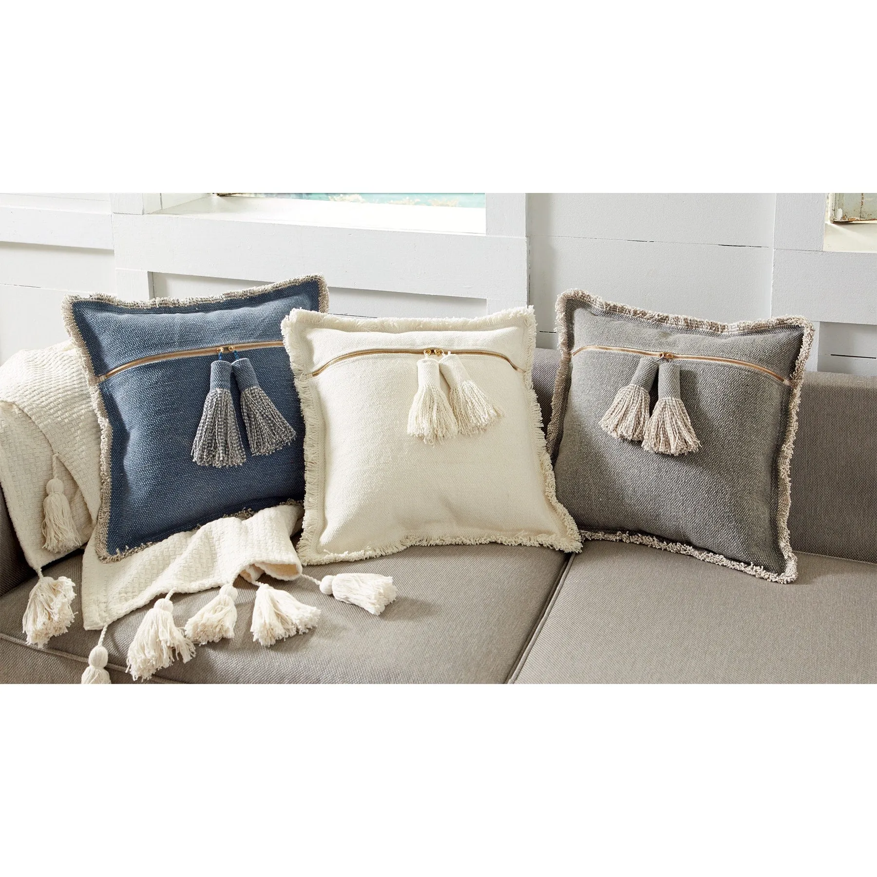 Mud Pie Dhurrie Tassel Pillow In Ivory