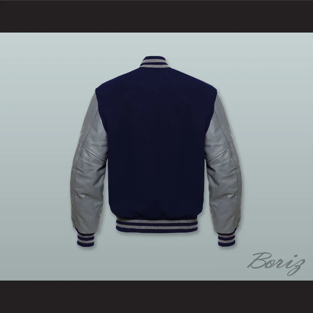 Navy Blue Wool and Gray Lab Leather Varsity Letterman Jacket