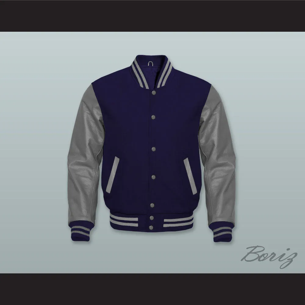 Navy Blue Wool and Gray Lab Leather Varsity Letterman Jacket