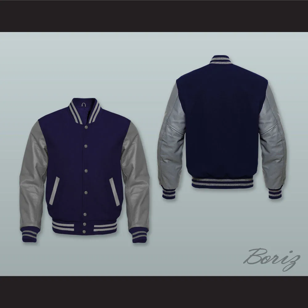 Navy Blue Wool and Gray Lab Leather Varsity Letterman Jacket