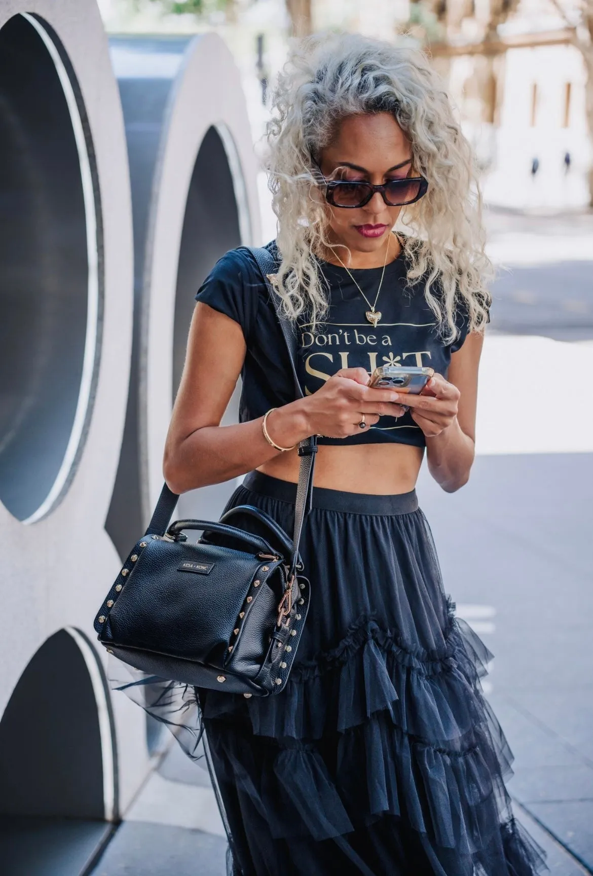 Nero Onyx Studded Barrel Bag - Black Leather