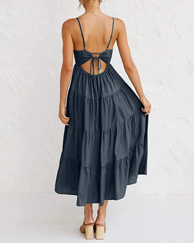 New FASHIONMIA Spaghetti Strap Summer Boho Maxi Dress, 100% Cotton, cute tie detail back Maxi Dress in Navy, Sz S!