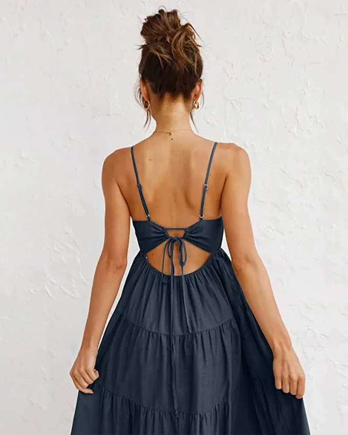 New FASHIONMIA Spaghetti Strap Summer Boho Maxi Dress, 100% Cotton, cute tie detail back Maxi Dress in Navy, Sz S!