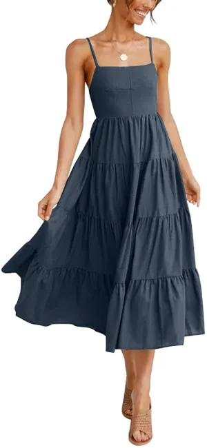 New FASHIONMIA Spaghetti Strap Summer Boho Maxi Dress, 100% Cotton, cute tie detail back Maxi Dress in Navy, Sz S!