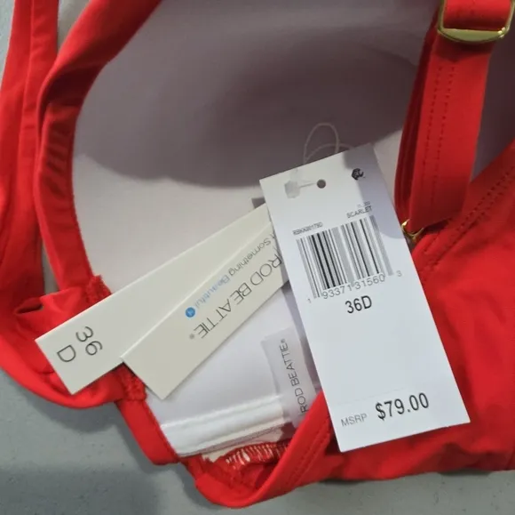 NWT BLEU ROD BEATTIEC Red Ruched Bandeau with Crisscross Back Bikini Top
