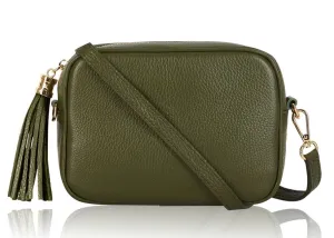 Olive Green Leather Tassel Cross Body Bag