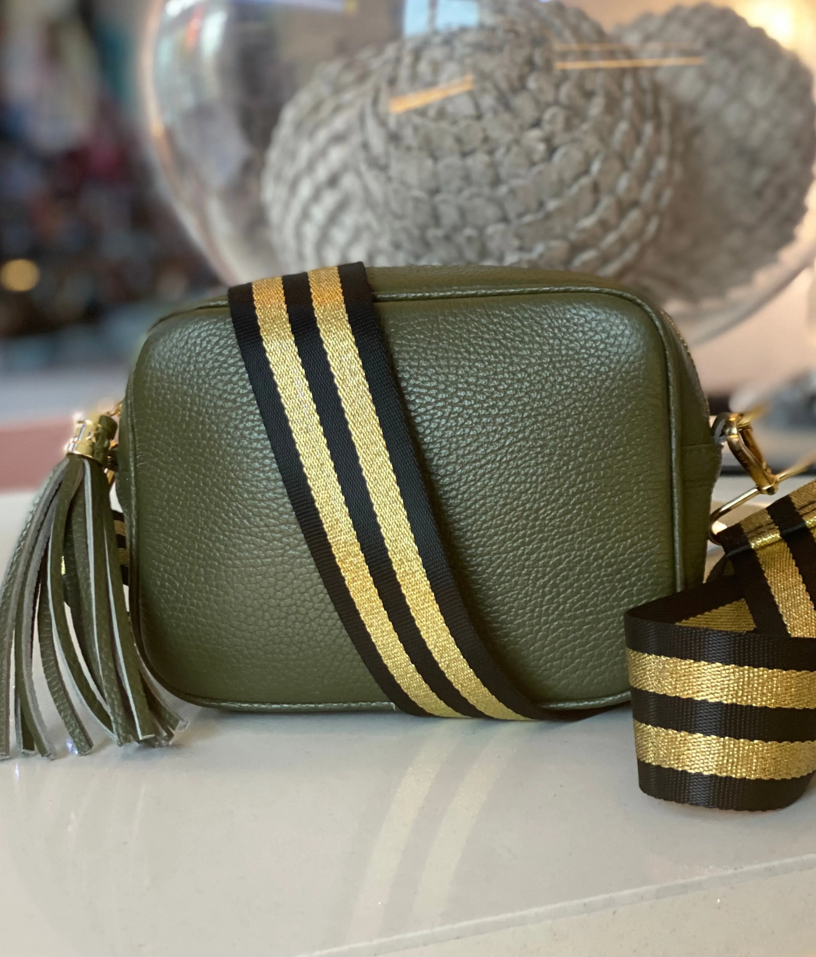 Olive Green Leather Tassel Cross Body Bag