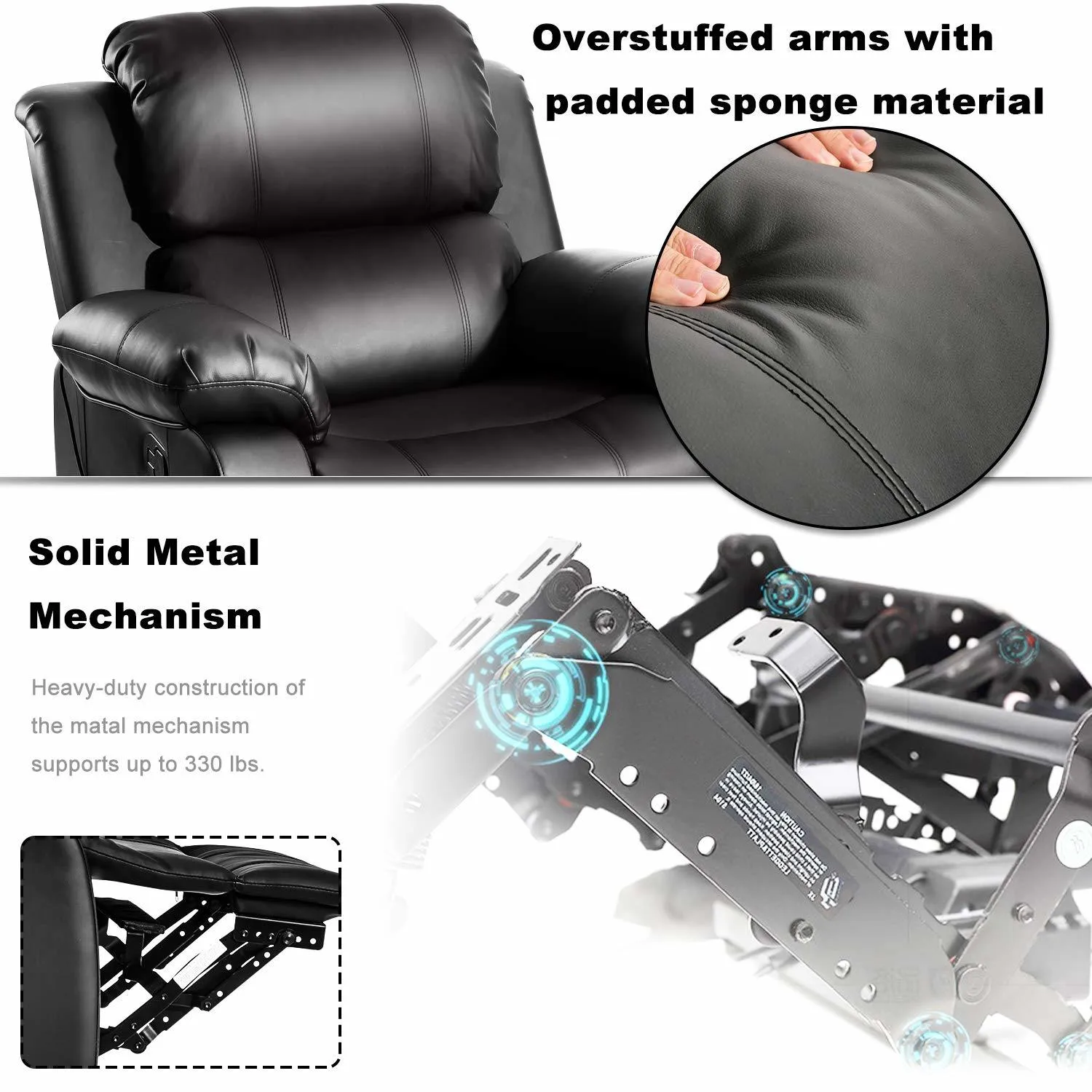 ORIS FUR. PU Leather Heated Massage Recliner Sofa Ergonomic Lounge with 8 Vibration Points (black) RT