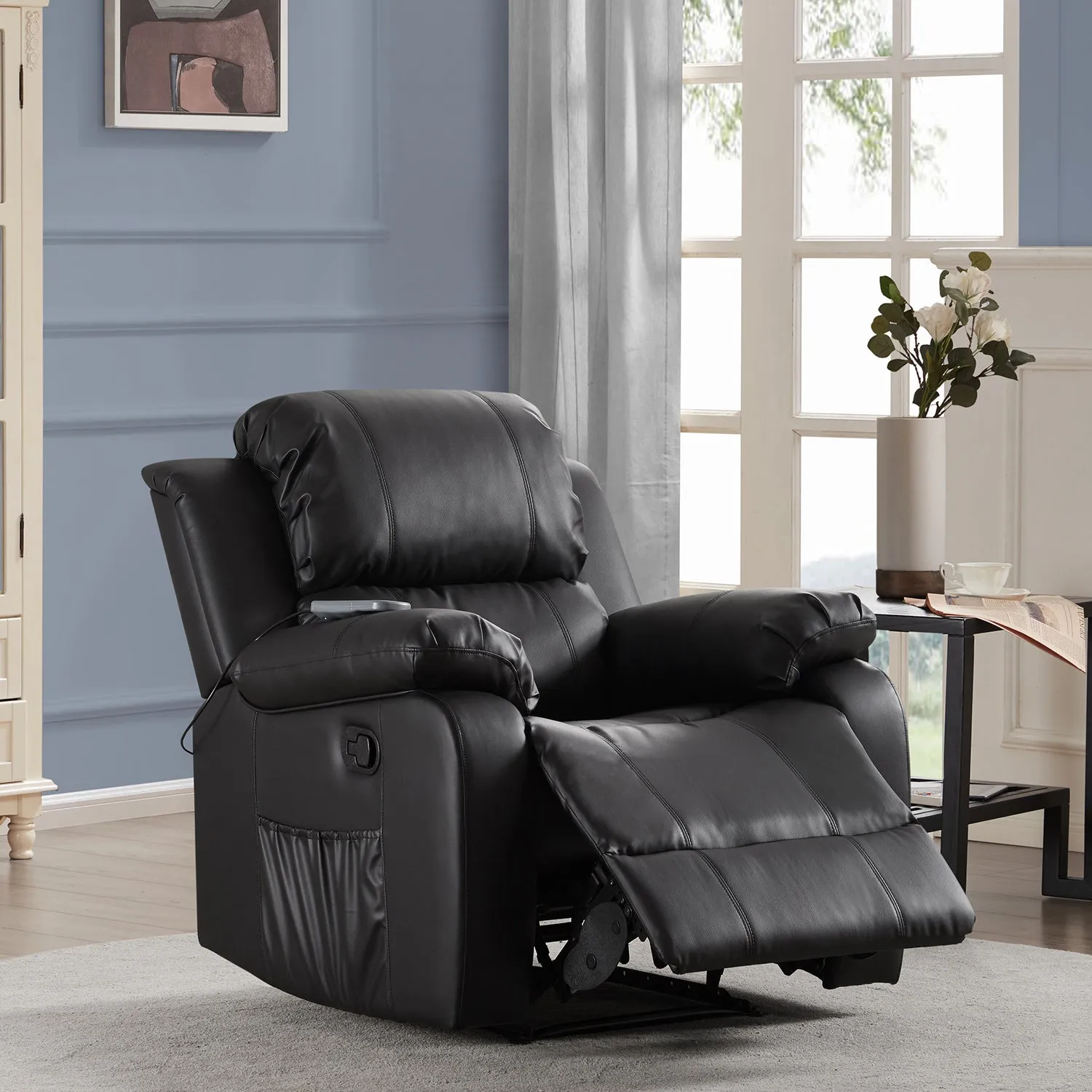 ORIS FUR. PU Leather Heated Massage Recliner Sofa Ergonomic Lounge with 8 Vibration Points (black) RT