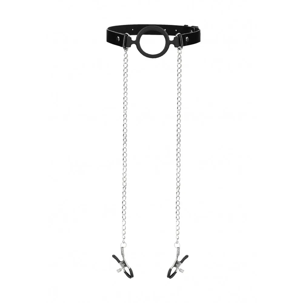 Ouch O-Ring Gag w Nipple Clamps - Black*