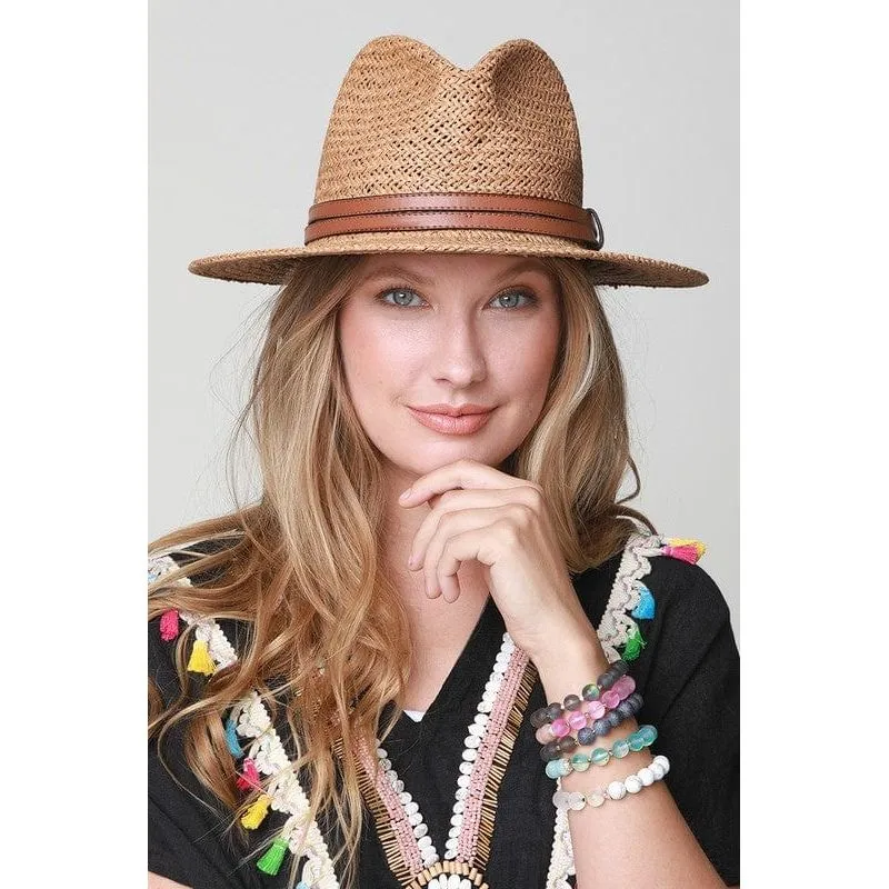 Panama hat with faux leather band accent