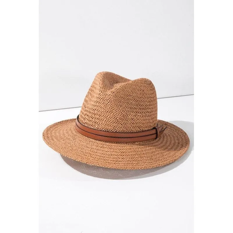 Panama hat with faux leather band accent