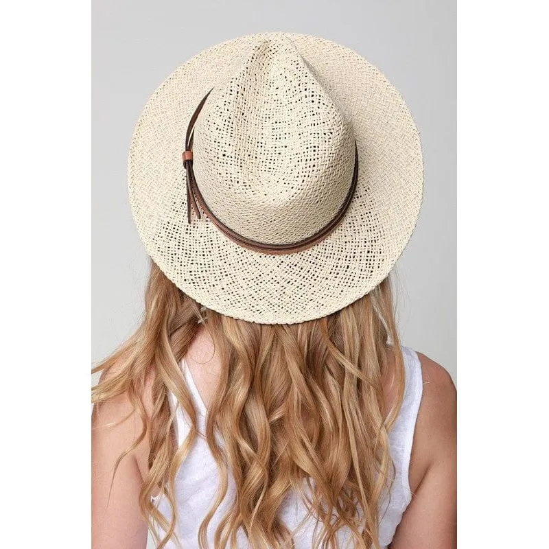 Panama hat with faux leather band accent
