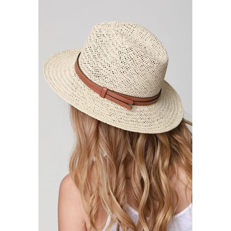 Panama hat with faux leather band accent