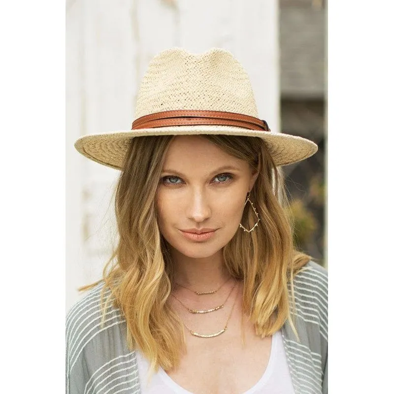 Panama hat with faux leather band accent