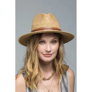 Panama hat with faux leather band accent