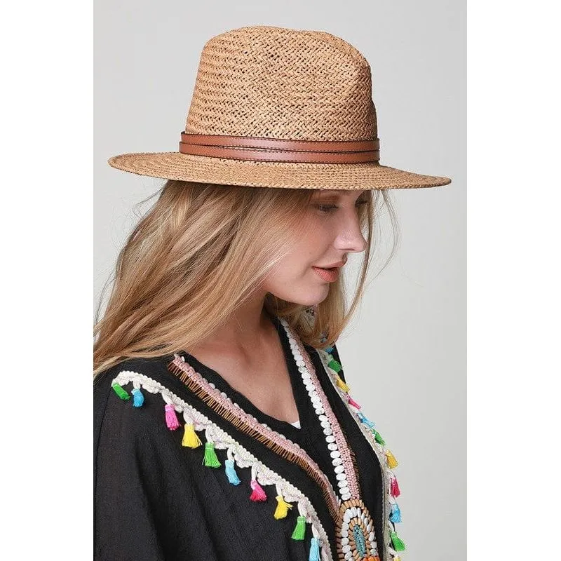 Panama hat with faux leather band accent