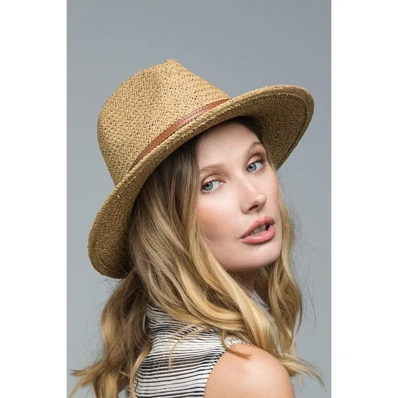 Panama hat with faux leather band accent