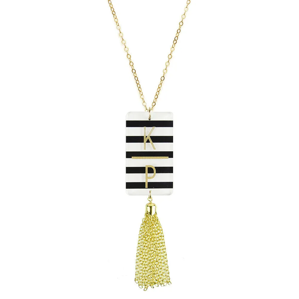 Patterned Rectangle Charm Tassel Necklace (WS)