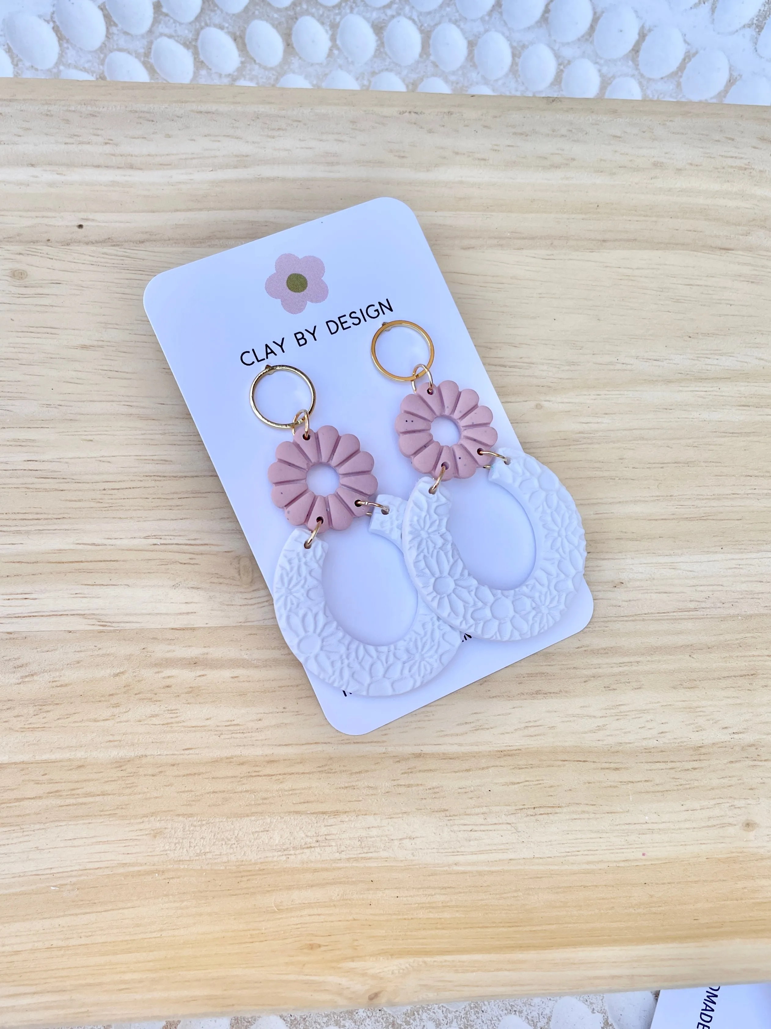 Pink & white flower print open hoops