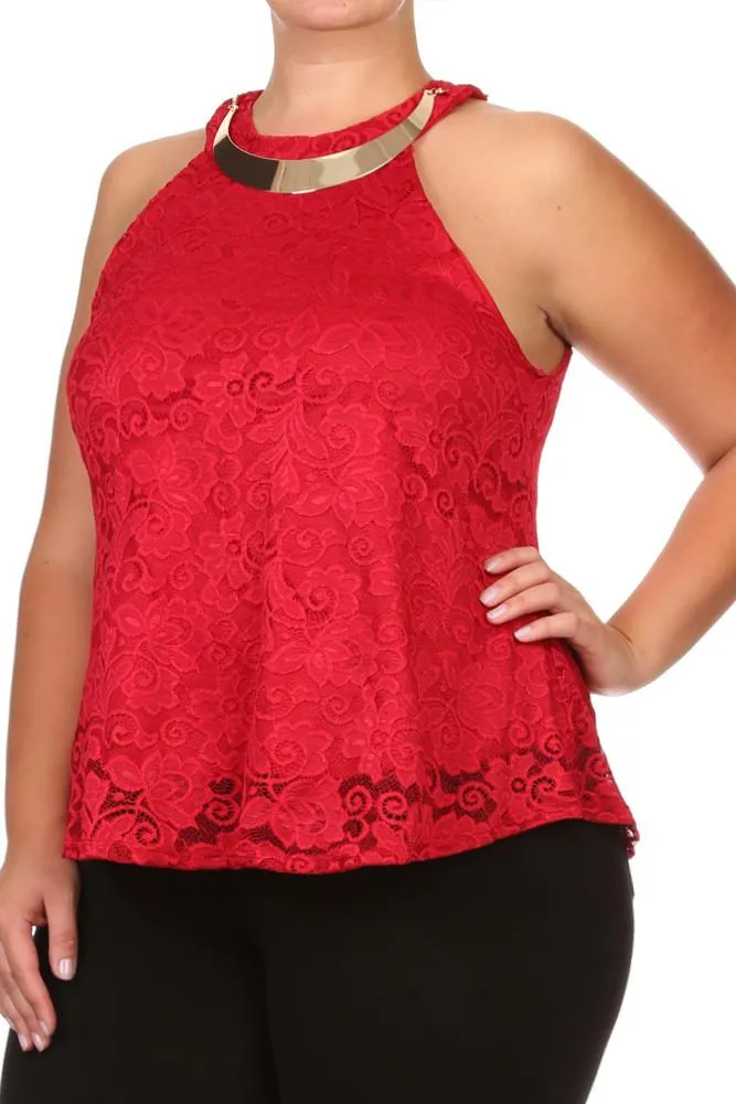 Plus Size Floral Romance Gold Neckline Lace Top