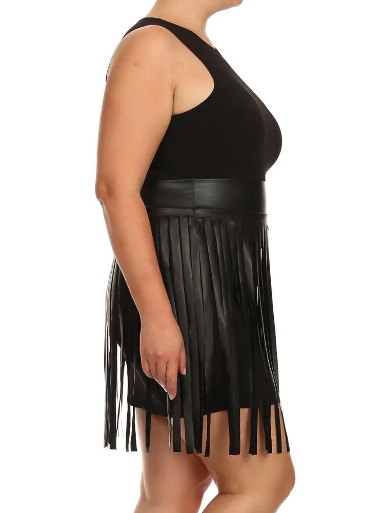 Plus Size Sway In Faux Leather Fringe Black Dress