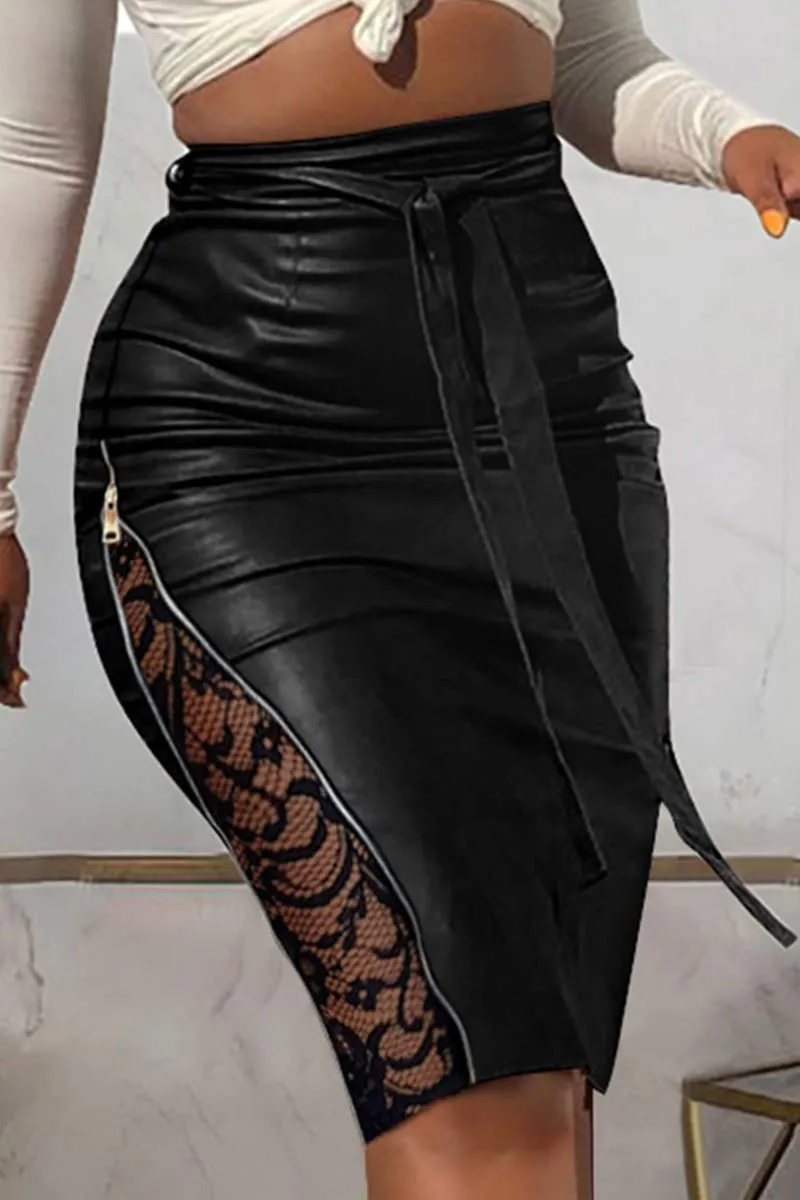 QH760 Lace Split Faux Leather Skirt