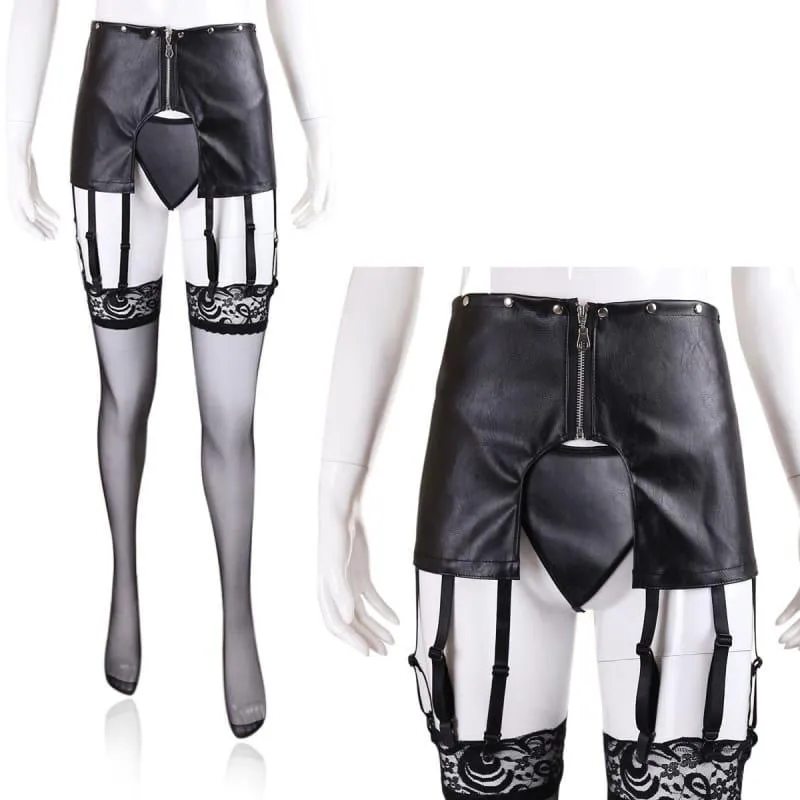 "Governess" - Open Hip Garter PU Leather T-back Adjustable Chastity Belts BDSM Perforated Panties