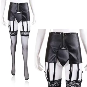 "Governess" - Open Hip Garter PU Leather T-back Adjustable Chastity Belts BDSM Perforated Panties