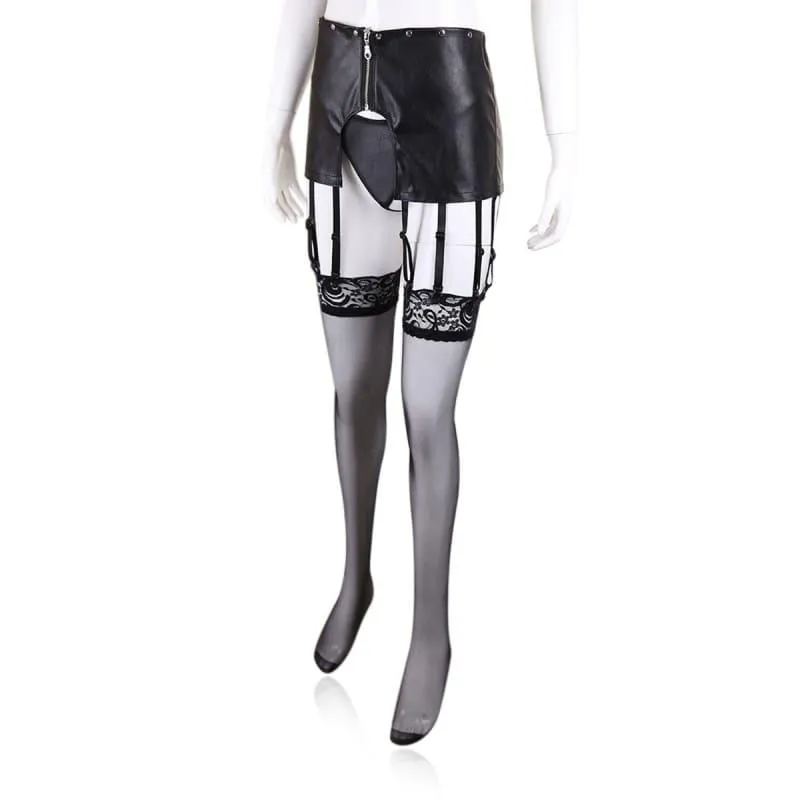 "Governess" - Open Hip Garter PU Leather T-back Adjustable Chastity Belts BDSM Perforated Panties