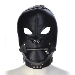 "Villain" -  Full Face Mask With Zipper PU Leather Muzzle & Open Eyes Slave Enclosed Headgear