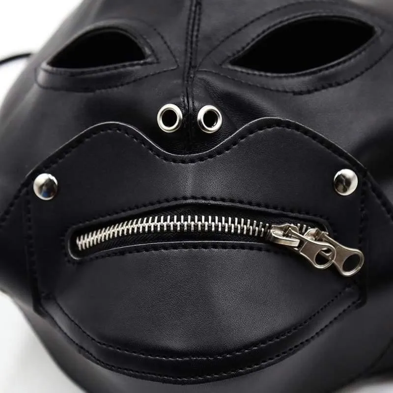 "Villain" -  Full Face Mask With Zipper PU Leather Muzzle & Open Eyes Slave Enclosed Headgear