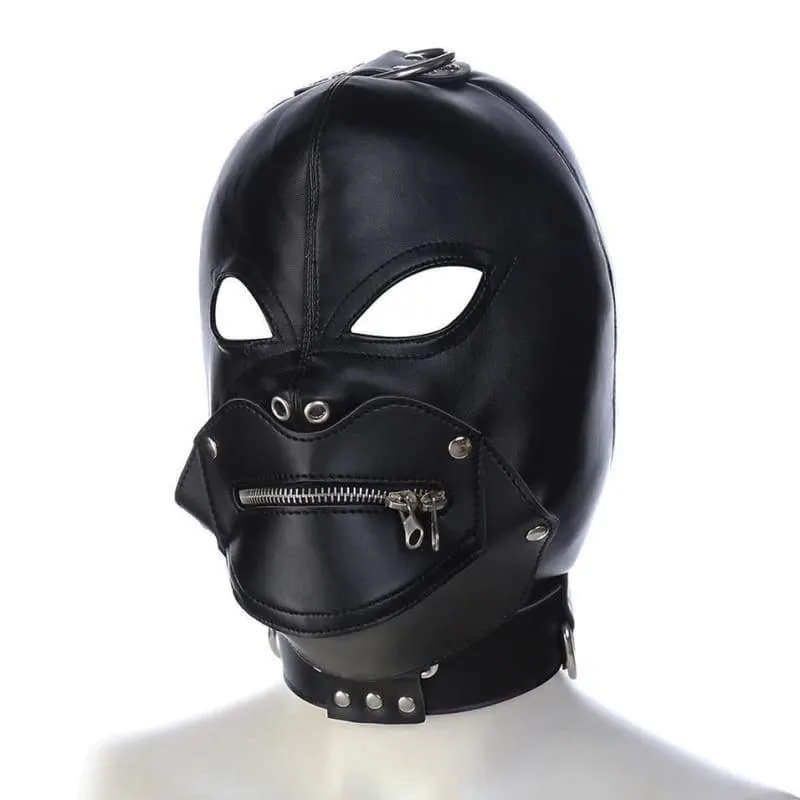 "Villain" -  Full Face Mask With Zipper PU Leather Muzzle & Open Eyes Slave Enclosed Headgear