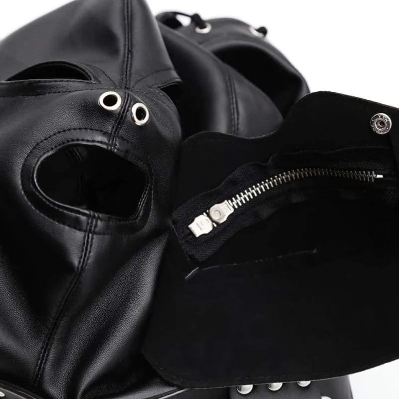 "Villain" -  Full Face Mask With Zipper PU Leather Muzzle & Open Eyes Slave Enclosed Headgear