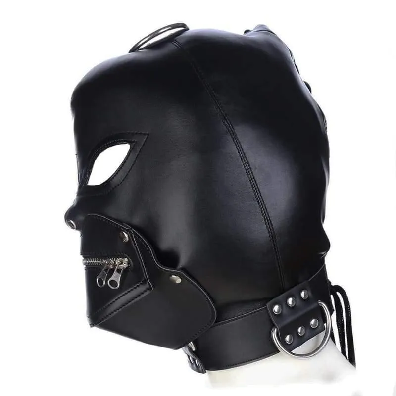 "Villain" -  Full Face Mask With Zipper PU Leather Muzzle & Open Eyes Slave Enclosed Headgear
