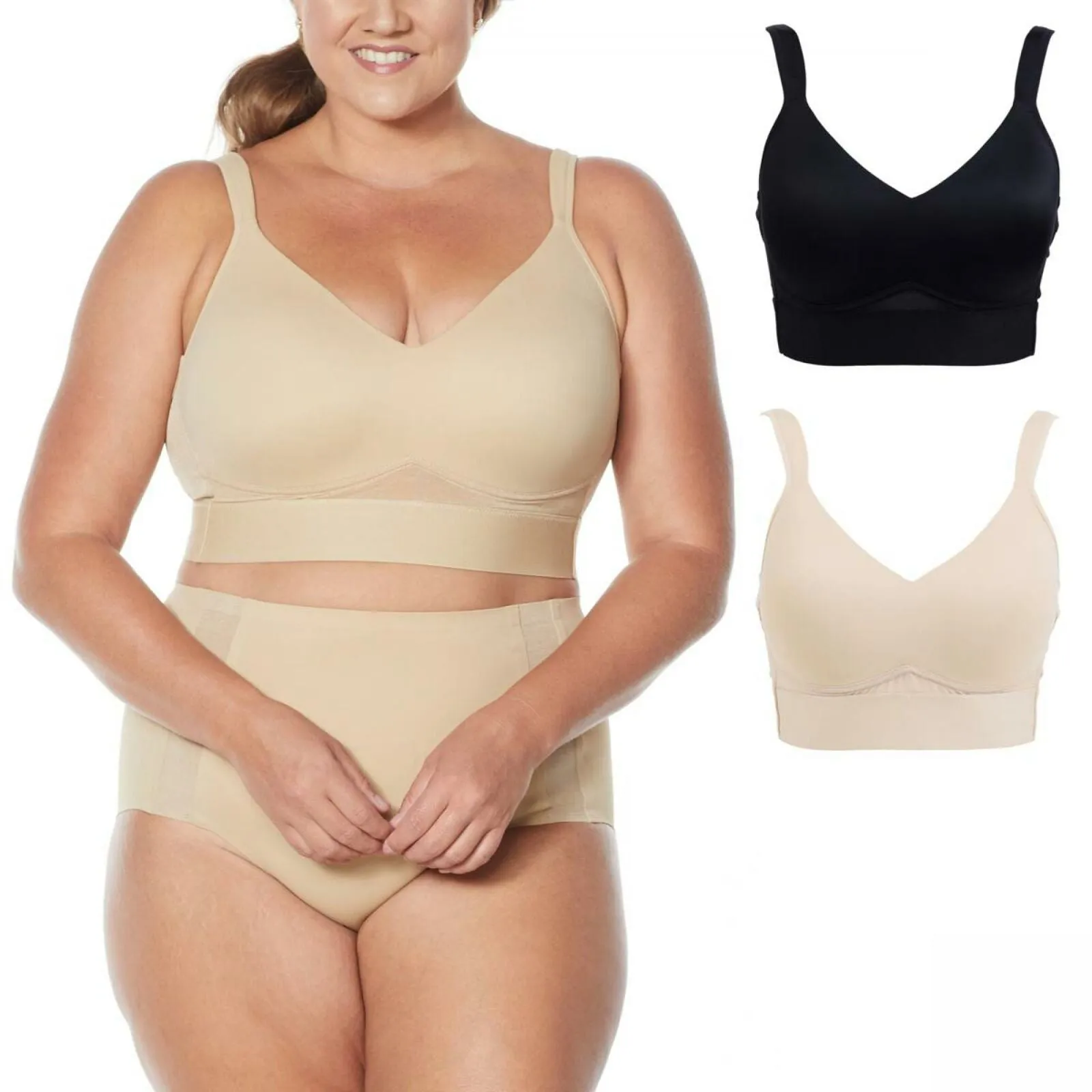 Rhonda Shear 2 Pack Molded Cup Bra With Mesh Back Detail Nude/ Black Plus 2X